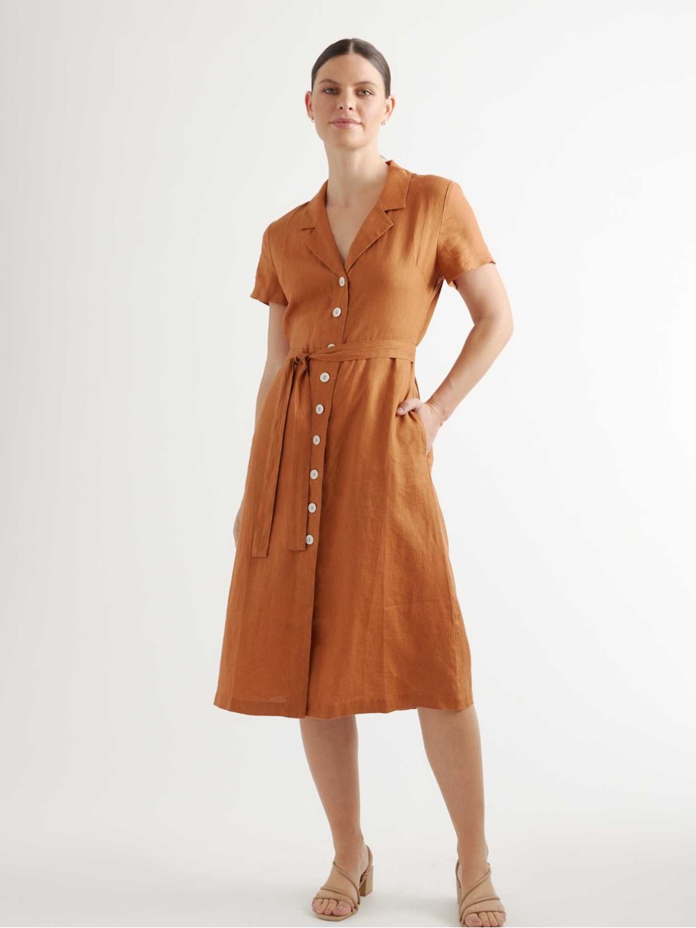 Quince Rust Button-Front Midi Shirt Dress - Picture 1 of 5